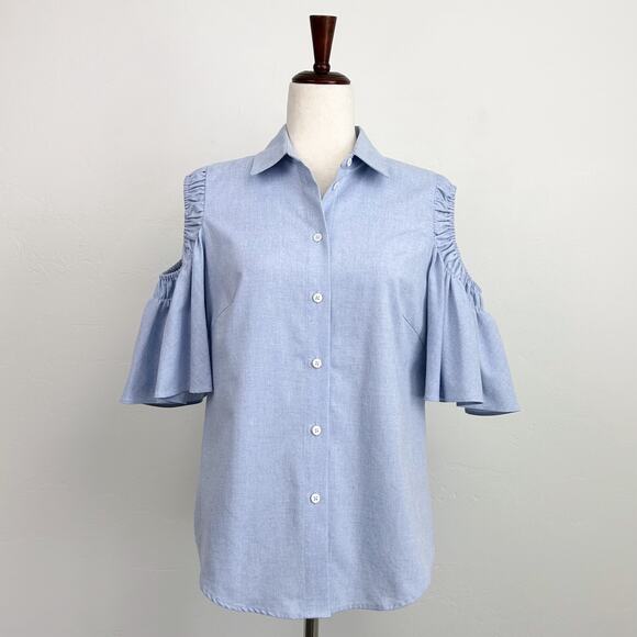 Pearl By Lela Rose Blue Flutter Sleeve Button-Up Shirt - Picture 1 of 8